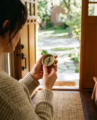 Une personne se tient devant une porte d'entrée, tenant une boussole à plat pour prendre une mesure de l'orientation selon les principes du feng shui.