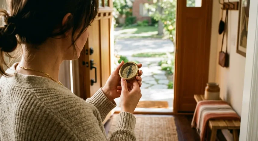 feng-shui-compass-reading-front-door Person standing at a front door holding a compass flat to take a feng shui facing direction reading