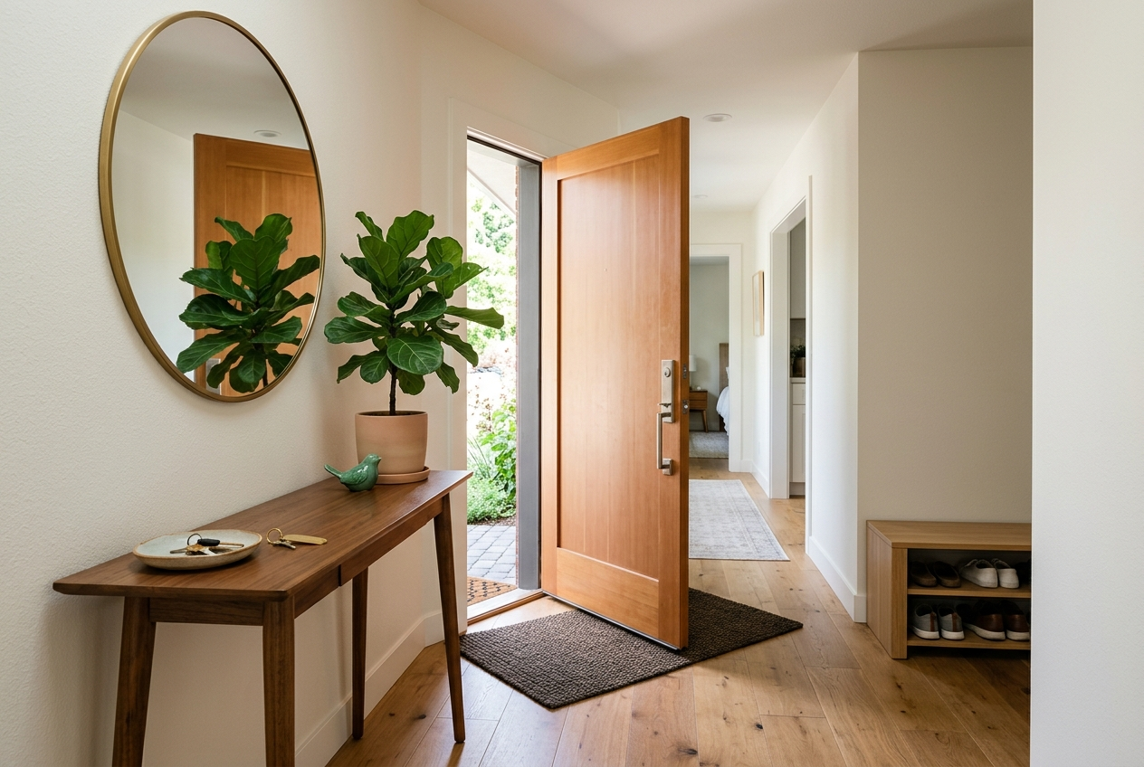 Isometric bedroom diagram showing the feng shui commanding position, bed against a solid wall and set diagonally from the door