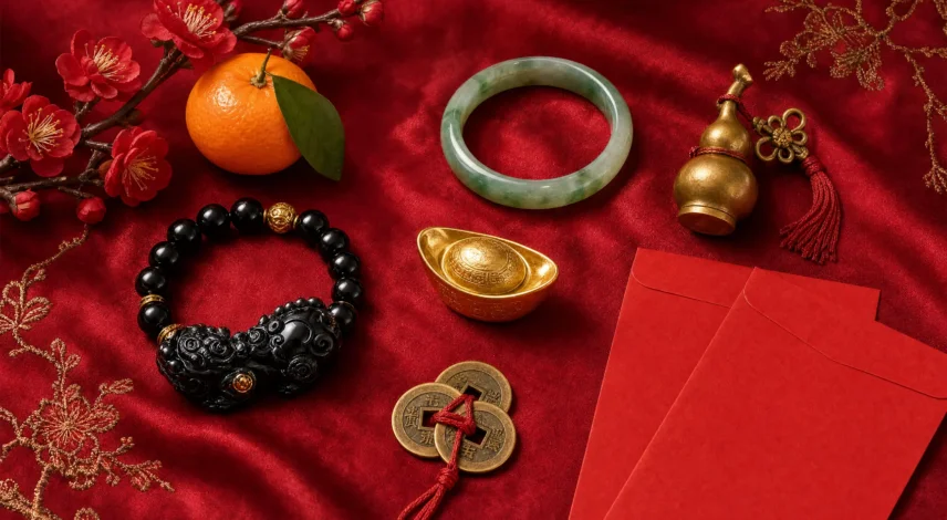 cadeaux feng-shui-nouvel-an-chinois-2027 Cadeaux Feng Shui pour le Nouvel An chinois 2027 : bracelet Pixiu, bracelet de jade, lingot d’or et enveloppes rouges sur soie rouge