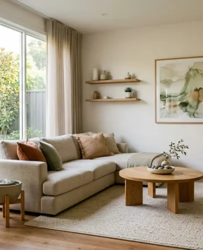 Sunlit living room arranged with good feng shui, with balanced furniture and open floor space for chi to flow freely