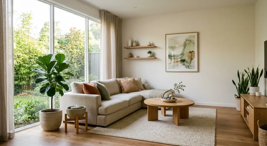 feng-shui-living-room-balanced Sunlit living room arranged with good feng shui, with balanced furniture and open floor space for chi to flow freely