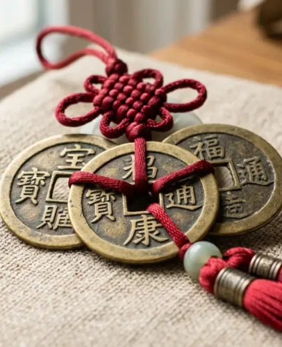 Trois pièces rondes porte-bonheur feng shui percées de trous carrés, attachées à un fil rouge&nbsp;: un talisman traditionnel chinois de richesse.