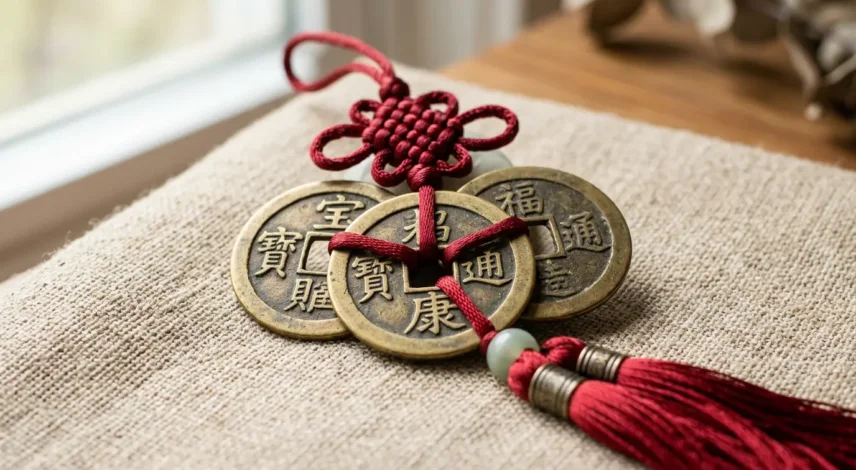 feng-shui-lucky-coins-red-string-hero Three round feng shui lucky coins with square holes tied on a red string, a traditional Chinese wealth charm