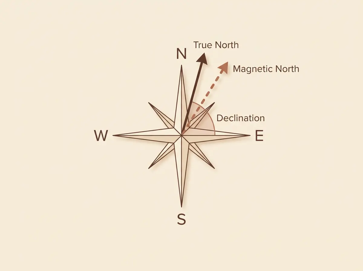 Diagram comparing magnetic north and true north with the declination angle used to correct feng shui readings