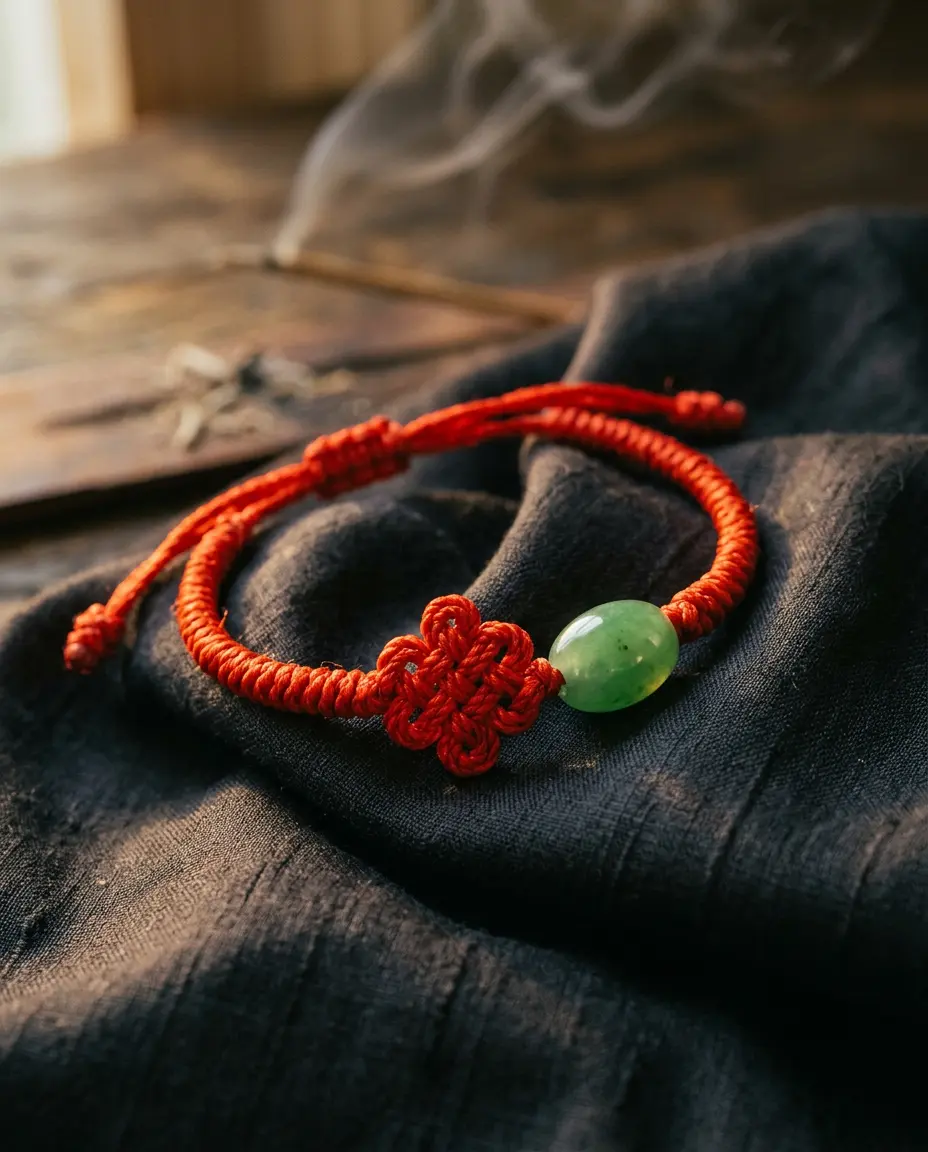 Blessed red string bracelet with an endless knot and a jade bead, worn for the Goat Ben Ming Nian year in 2027