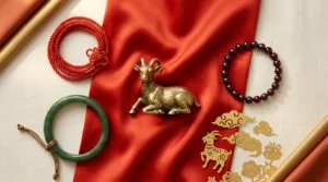 Golden goat figurine with red and gold silk, garnet and jade bracelets for the Fire Goat 2027 lucky colors, numbers and stones