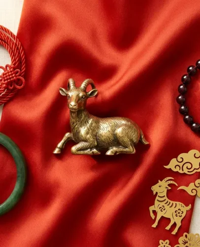 fire-goat-2027-lucky-colors-numbers-stones-hero Golden goat figurine with red and gold silk, garnet and jade bracelets for the Fire Goat 2027 lucky colors, numbers and stones
