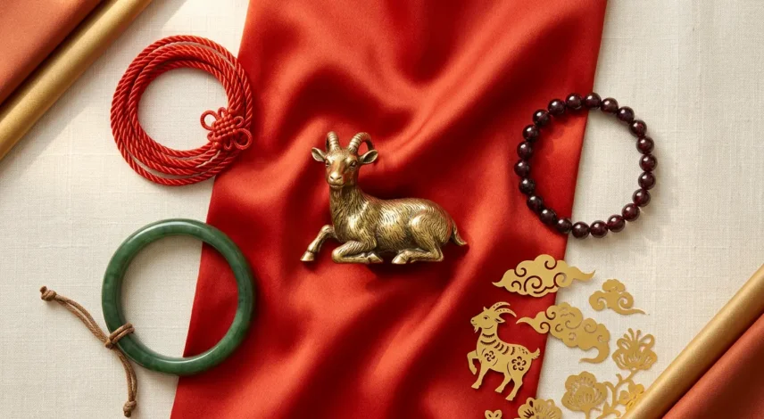 fire-goat-2027-lucky-colors-numbers-stones-hero Golden goat figurine with red and gold silk, garnet and jade bracelets for the Fire Goat 2027 lucky colors, numbers and stones
