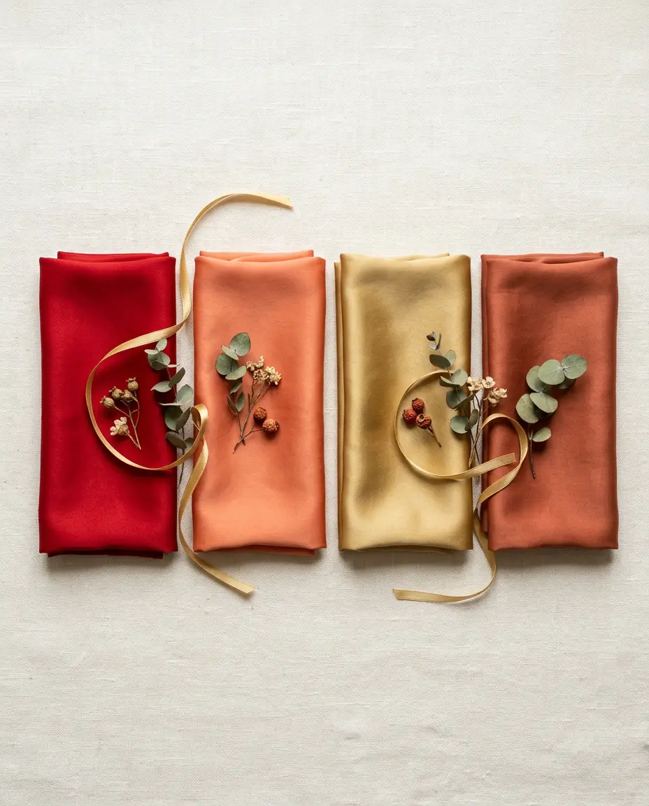 Folded silk swatches in red, orange, gold and terracotta showing the 2027 Fire Goat lucky colors