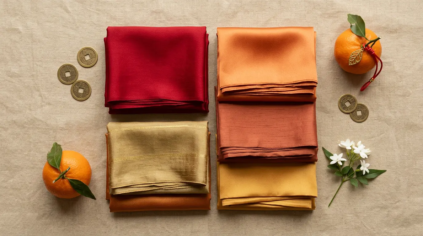 Lucky colors for the 2027 Fire Goat year shown as folded silk fabrics in red, orange, gold, and terracotta.