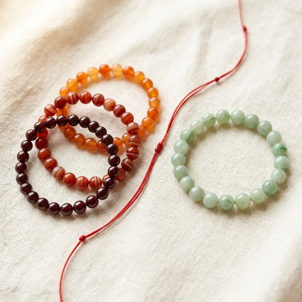Red agate, garnet, carnelian and green jade bracelets on cream linen, the lucky stones for the Fire Goat 2027 year