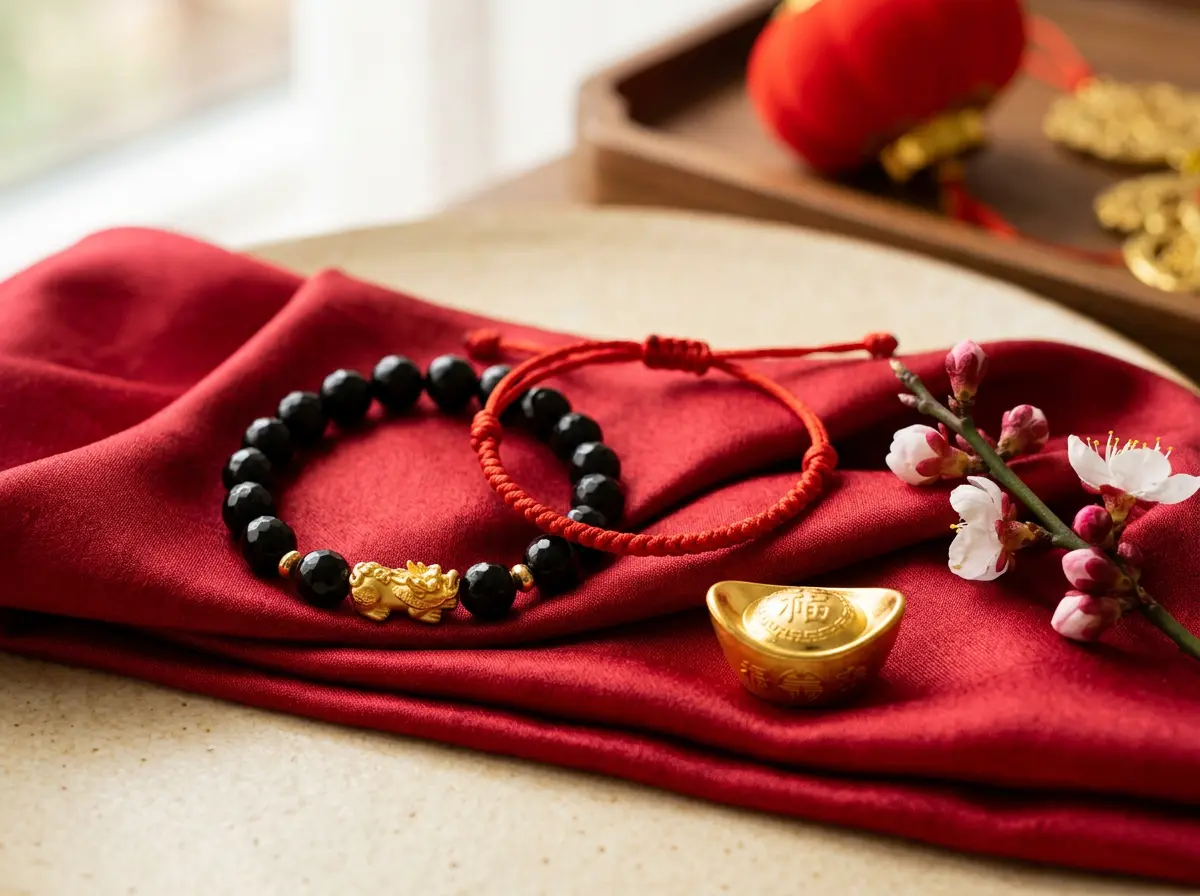 Black obsidian Pixiu bracelet and red string bracelet, lucky symbols for the Fire Goat year, on red silk