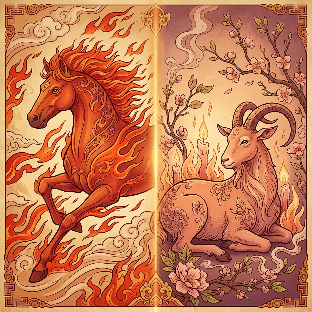 Split illustration of the Fire Horse year in red transitioning to the Fire Goat year in ochre and plum at Li Chun, February 4, 2027
