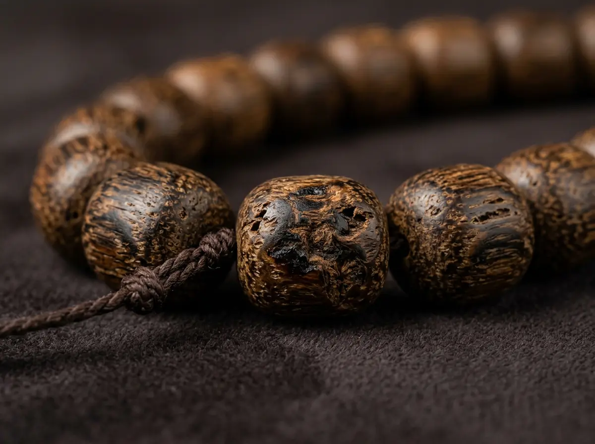 Close-up of genuine agarwood beads showing natural grain and dark resin lines