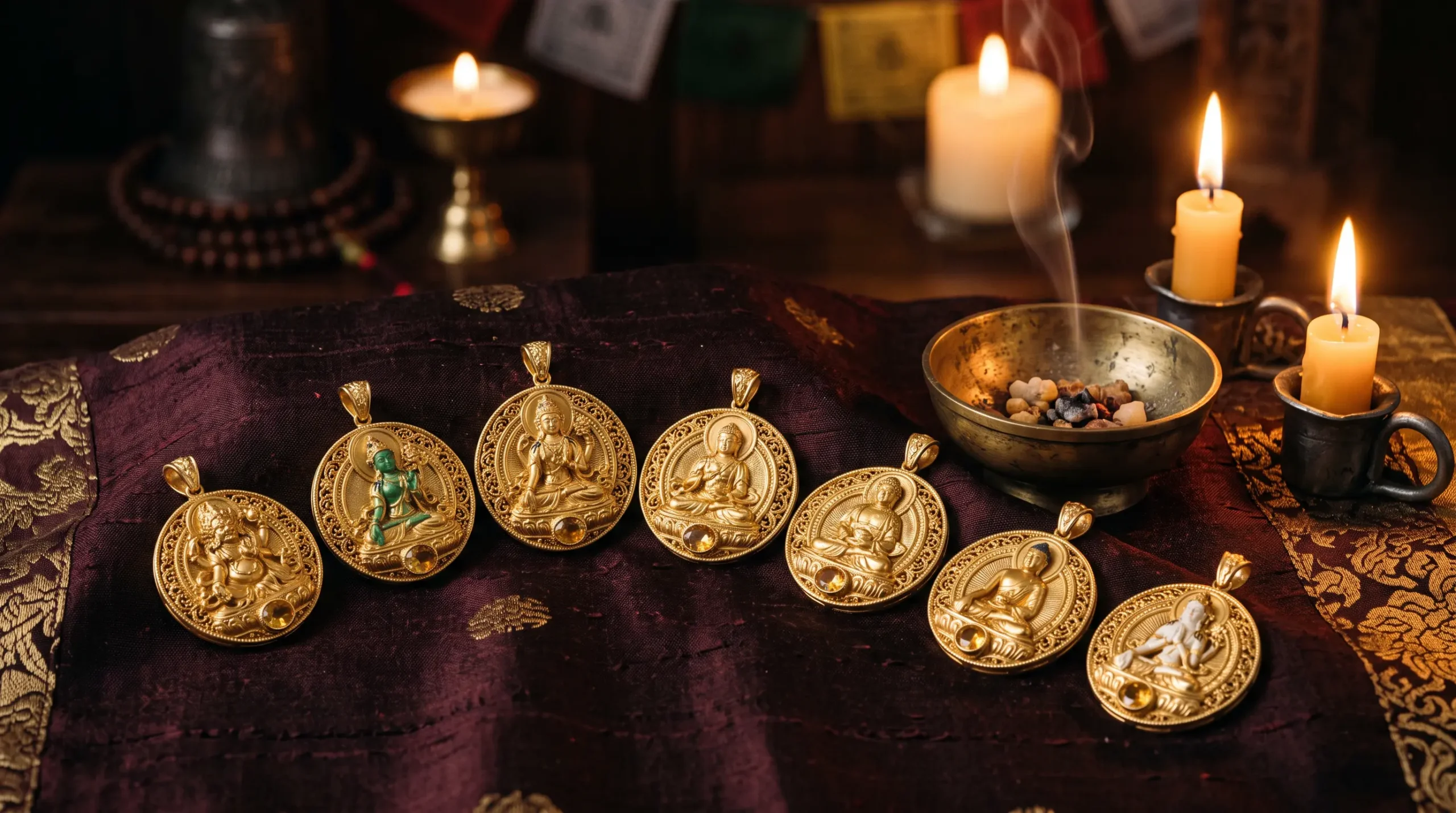 Collection of Tibetan Guardian Buddha pendants arranged by Chinese zodiac sign on a dark silk altar