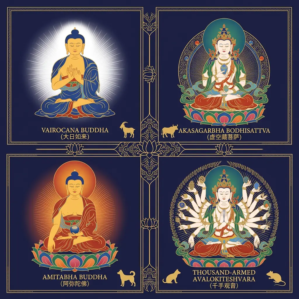 Four-panel illustration showing the Tibetan guardian Buddhas for the 2027 clash signs: Vairocana for Goat and Monkey, Akasagarbha for Ox, Amitabha for Dog, and Thousand-Armed Avalokiteshvara for Rat, each paired with their zodiac animal in traditional thangka-inspired style