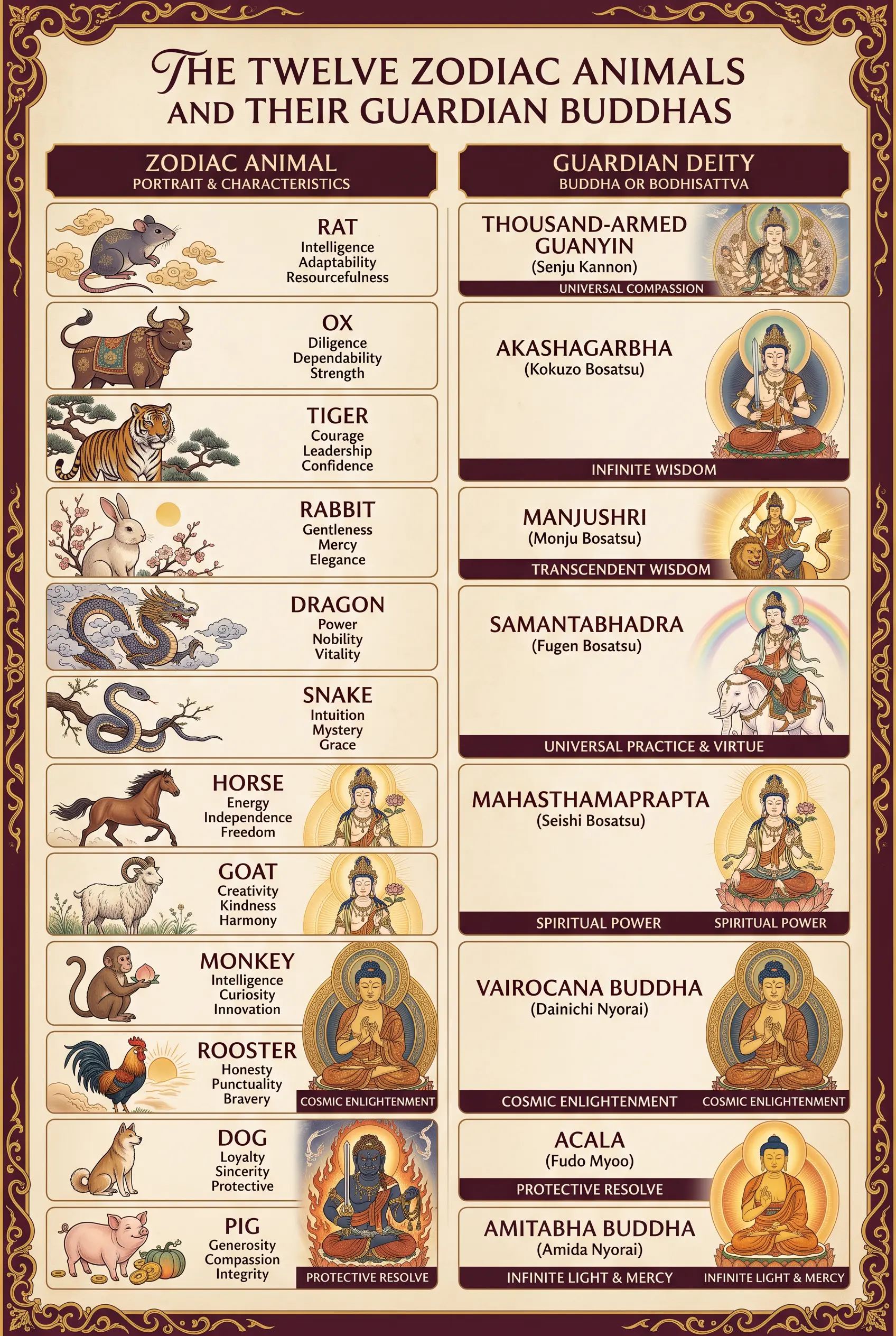 Illustrated table pairing each of the 12 Chinese zodiac signs with its corresponding Guardian Buddha (Ben Ming Fo) and key protective quality