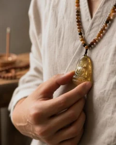 Tibeti zodiákus kerék, 12 állatból áll, melyek egy arany őrző Buddhát vesznek körül meleg templomi fényben.