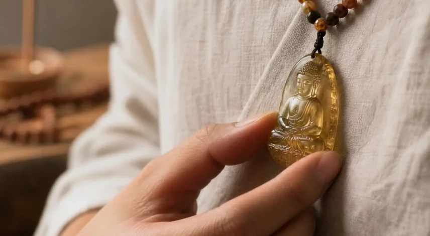 přívěsek-strážce-Buddha-nošený Tibetské kolo zvěrokruhu s 12 zvířaty obklopující zlatého strážného Buddhu v teplém chrámovém světle