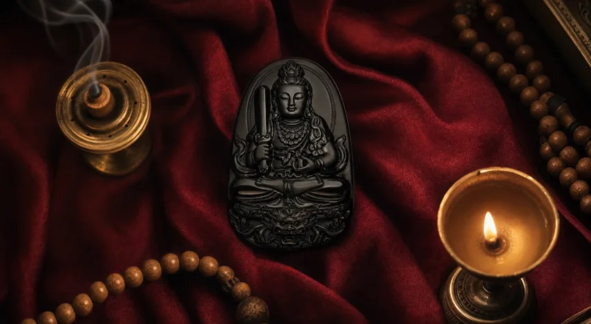 gardien-bouddha-zodiaque-autel Pendentif en obsidienne noire représentant le Bouddha gardien (Ben Ming Fo) sur un autel de soie sombre avec de l'encens, symbolisant la protection spirituelle du zodiaque chinois