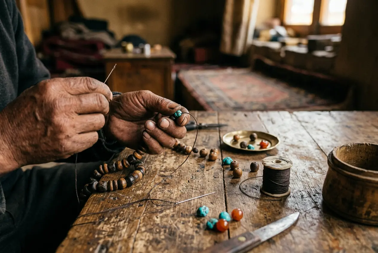 Artisan hands stringing a Tibetan mala bracelet by hand in a workshop, illustrating authentic handmade spiritual jewelry