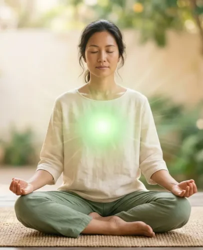 Person meditating with a glowing green heart chakra at the center of the chest