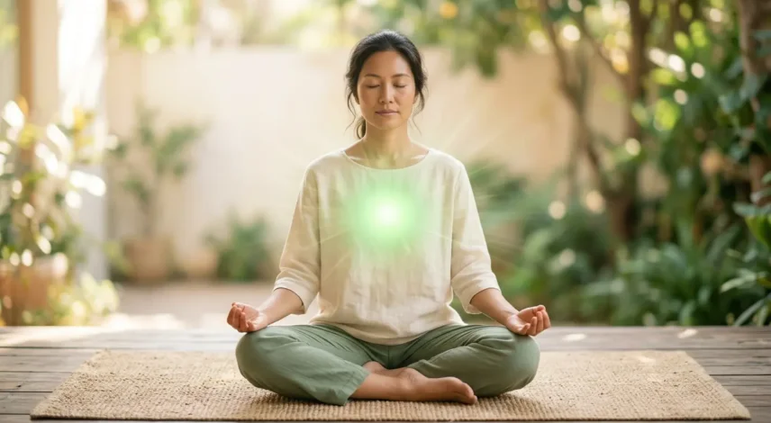 heart-chakra-meditation-green-glow Person meditating with a glowing green heart chakra at the center of the chest