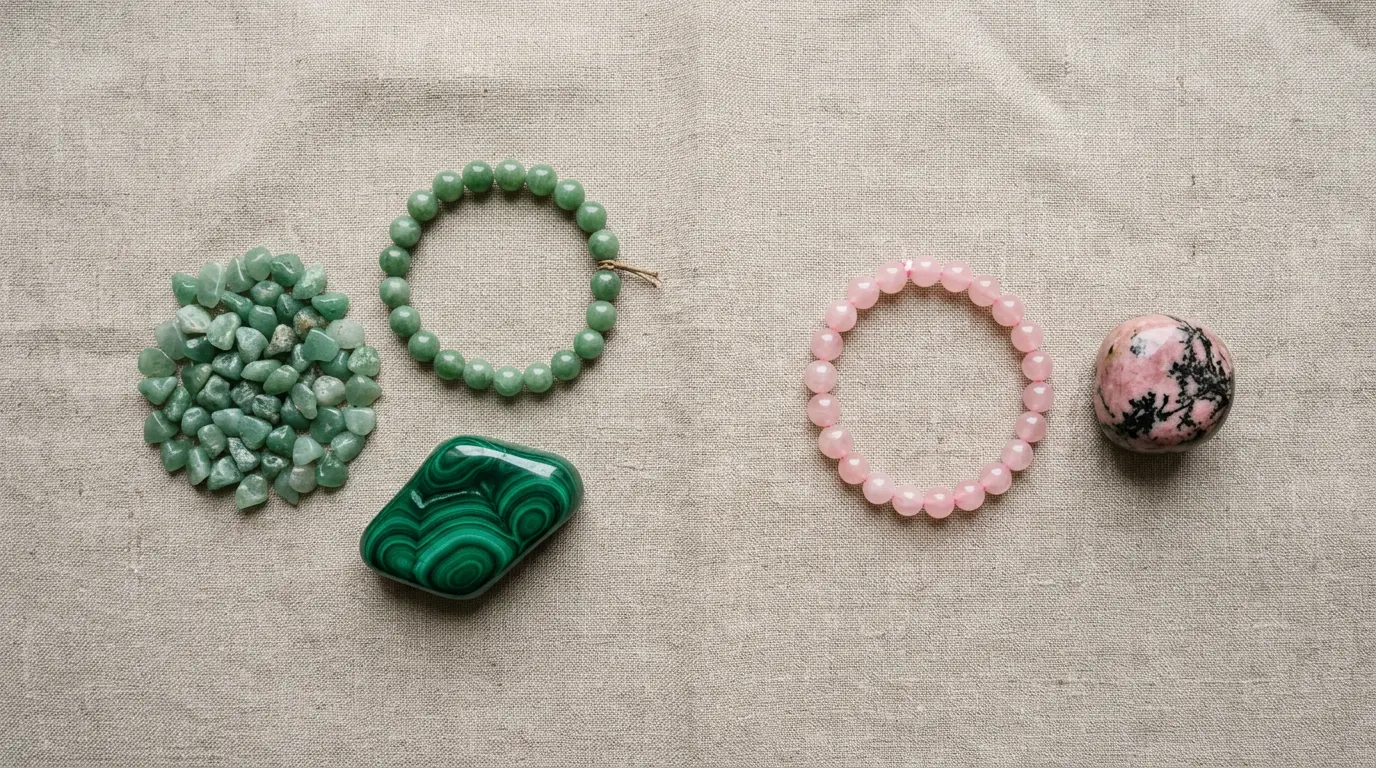 Green and pink heart chakra stones including green aventurine, jade, rose quartz, and rhodonite on linen