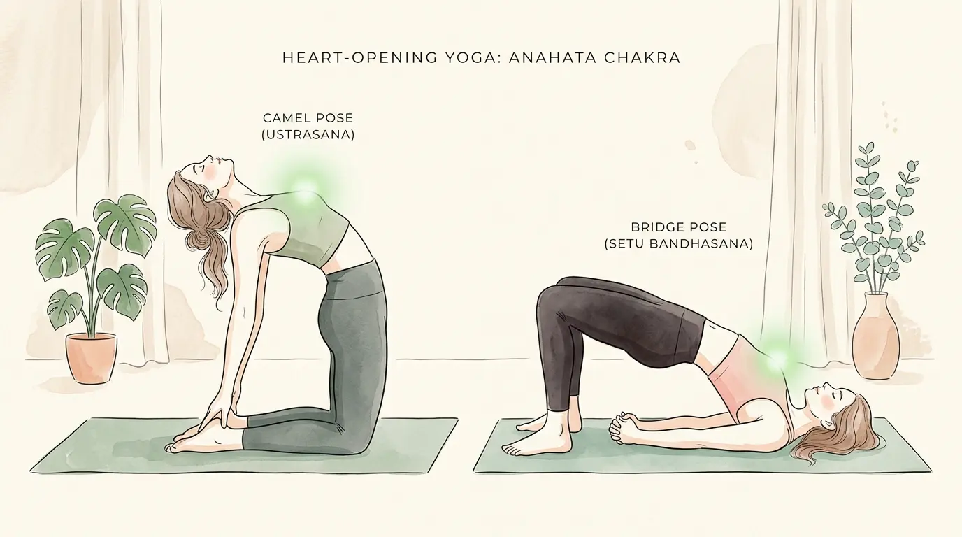 Heart-opening yoga poses like Camel and Bridge to open the heart chakra