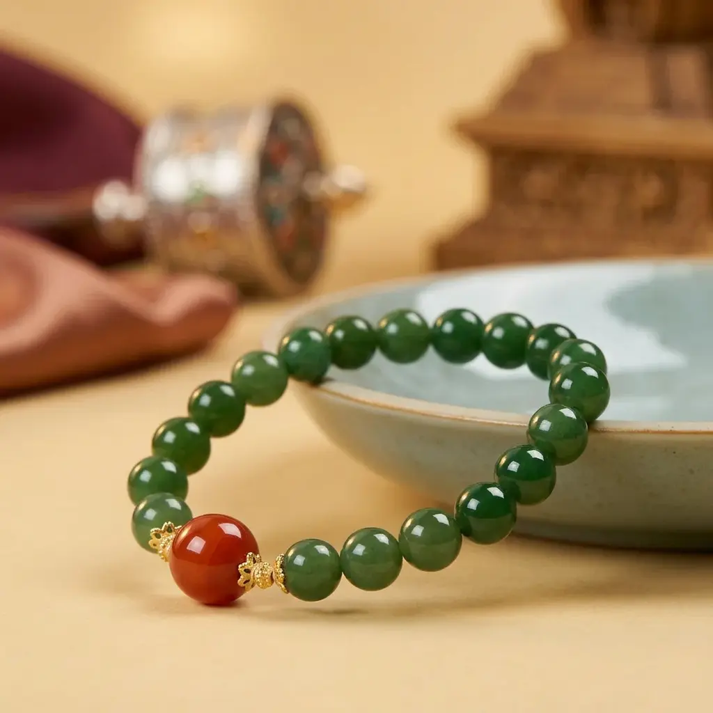 hetian-jade-nanhong-agate-luck-bracelet.jpg Close-up of a Hetian jade and Nanhong Southern Red agate luck bracelet against a celadon bowl, prayer wheel behind