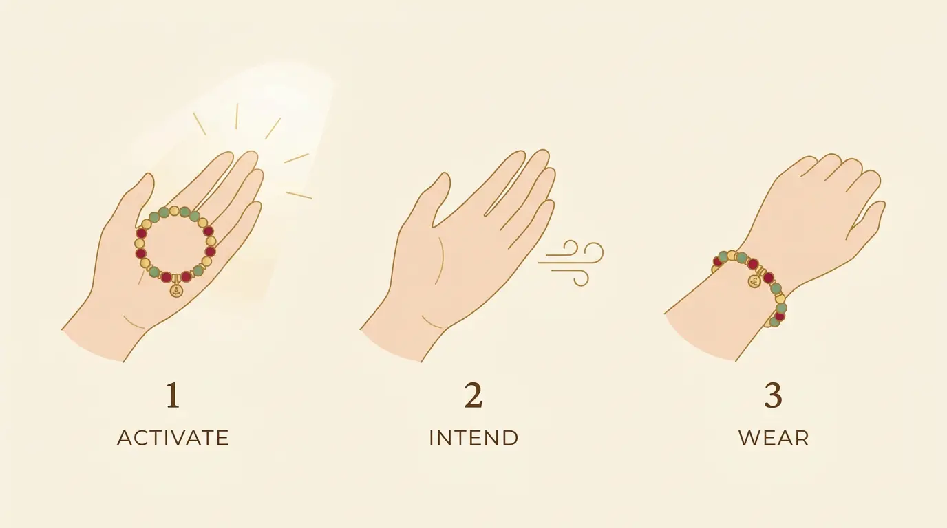 Three-step diagram showing how to activate and wear a feng shui charm bracelet on the left receiving hand