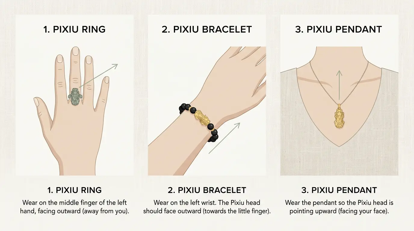 Diagram showing correct Pixiu wearing direction: ring and bracelet head facing outward on the left hand, pendant head facing up