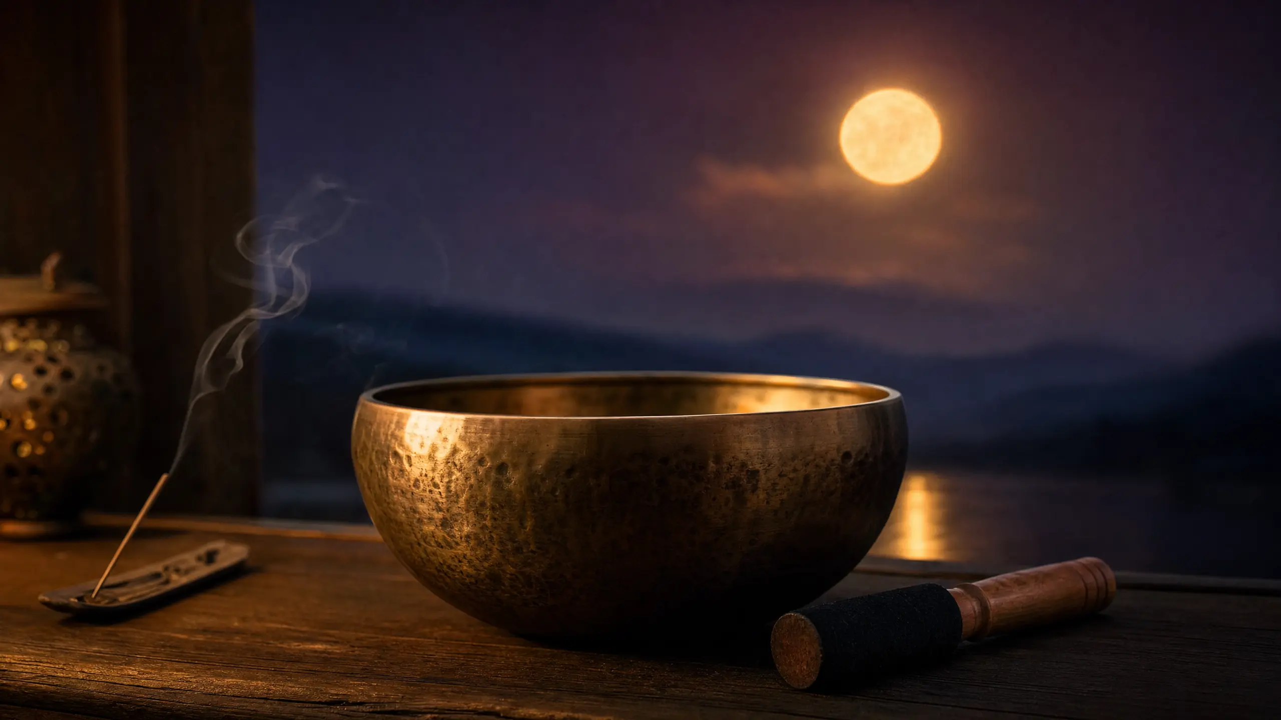 Tibetan singing bowl under the Hunter's Moon full moon for an October 2026 sound cleansing ritual