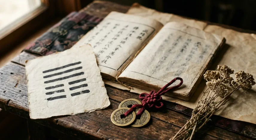 i-ching-64-hexagrams-hero An open I Ching Book of Changes beside three Chinese coins on red string and a hand-inked six-line hexagram, on a warm parchment surface