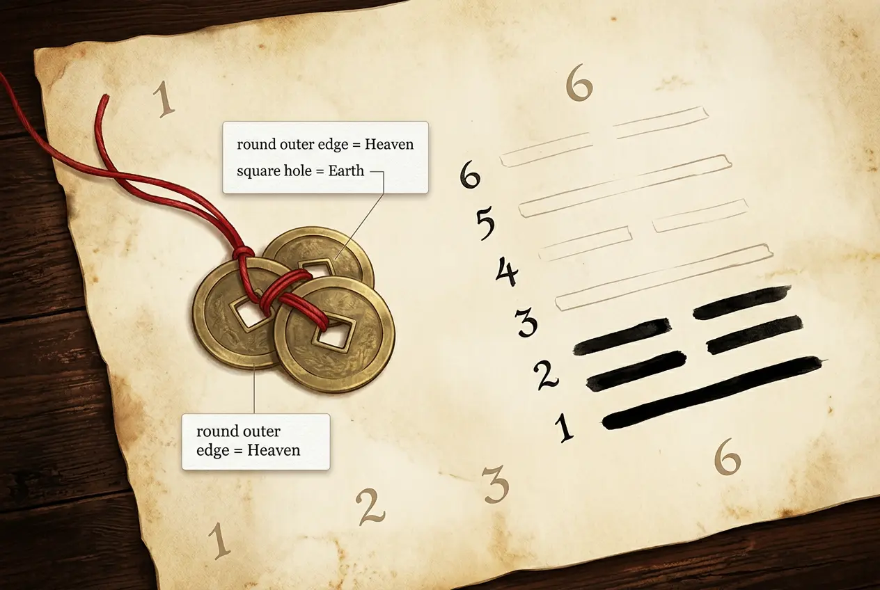 Illustration of the three-coin method for the I Ching: tossing three round Chinese coins with square holes six times to build a hexagram line by line