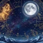 2027년 1월 운세 - 염소자리-물병자리 - 별자리 2027년 1월 운세를 보여주는 천체 황도 12궁도입니다. 보름달(늑대달) 아래 염소자리와 물병자리가 강조되어 있습니다.