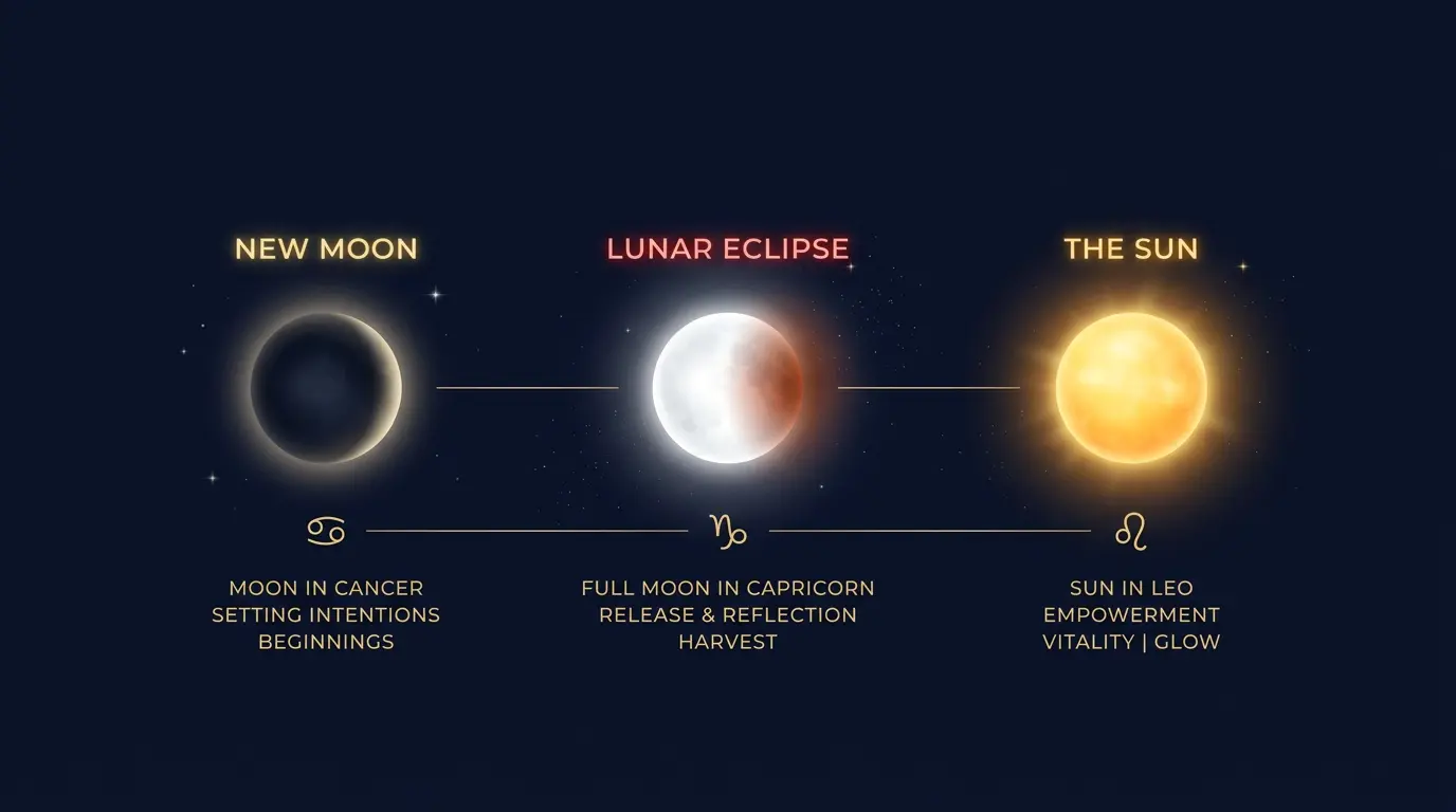 July 2027 astrology calendar showing the New Moon in Cancer on July 4, the Capricorn Full Moon and lunar eclipse on July 18, and the start of Leo season on July 22.