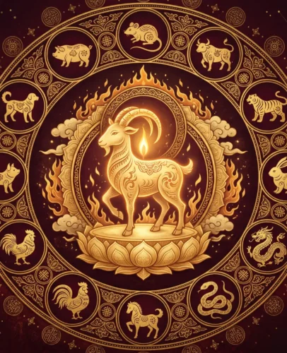 Chèvre de Feu entourée des douze animaux du zodiaque chinois dans un mandala tibétain pour l'horoscope de juillet 2027