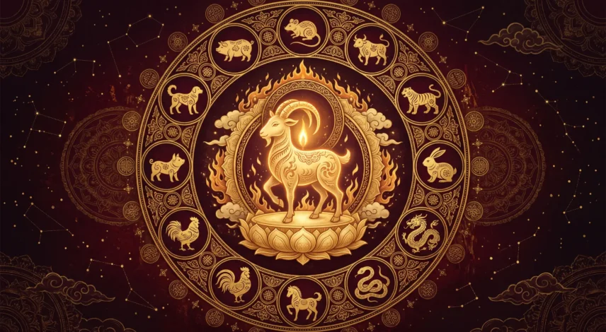 july-2027-chinese-zodiac-horoscope-fire-goat-hero Fire Goat surrounded by the twelve Chinese zodiac animals in a Tibetan mandala for the July 2027 horoscope