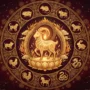 Juli 2027 - Horoskop Zodiak Cina - Pahlawan Kambing Api Kambing Api dikelilingi oleh dua belas hewan zodiak Tiongkok dalam mandala Tibet untuk horoskop Juli 2027.
