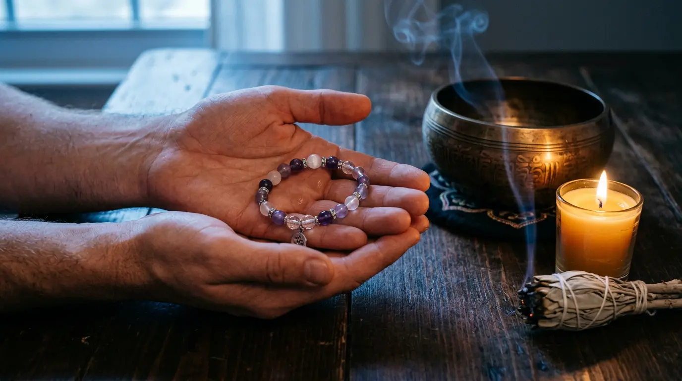 Hands holding a crystal bracelet beside a bronze Tibetan singing bowl in soft moonlight, a July 2027 New Moon cleansing and intention ritual.