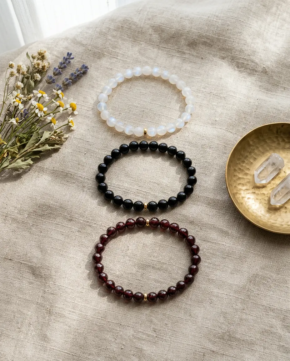 A flat-lay of three July 2027 crystal bracelets, milky white moonstone, black obsidian, and deep red garnet, arranged on natural linen.