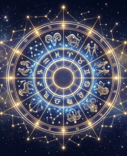 2027년 7월 운세를 위해 깊고 별이 빛나는 밤하늘 위에 12개의 별자리가 모두 그려진 빛나는 천체 황도대 바퀴가 그려져 있습니다.