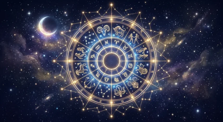 july-2027-horoscope-zodiac-wheel-night-sky A glowing celestial zodiac wheel with all twelve astrology signs over a deep starry night sky for the July 2027 horoscope.
