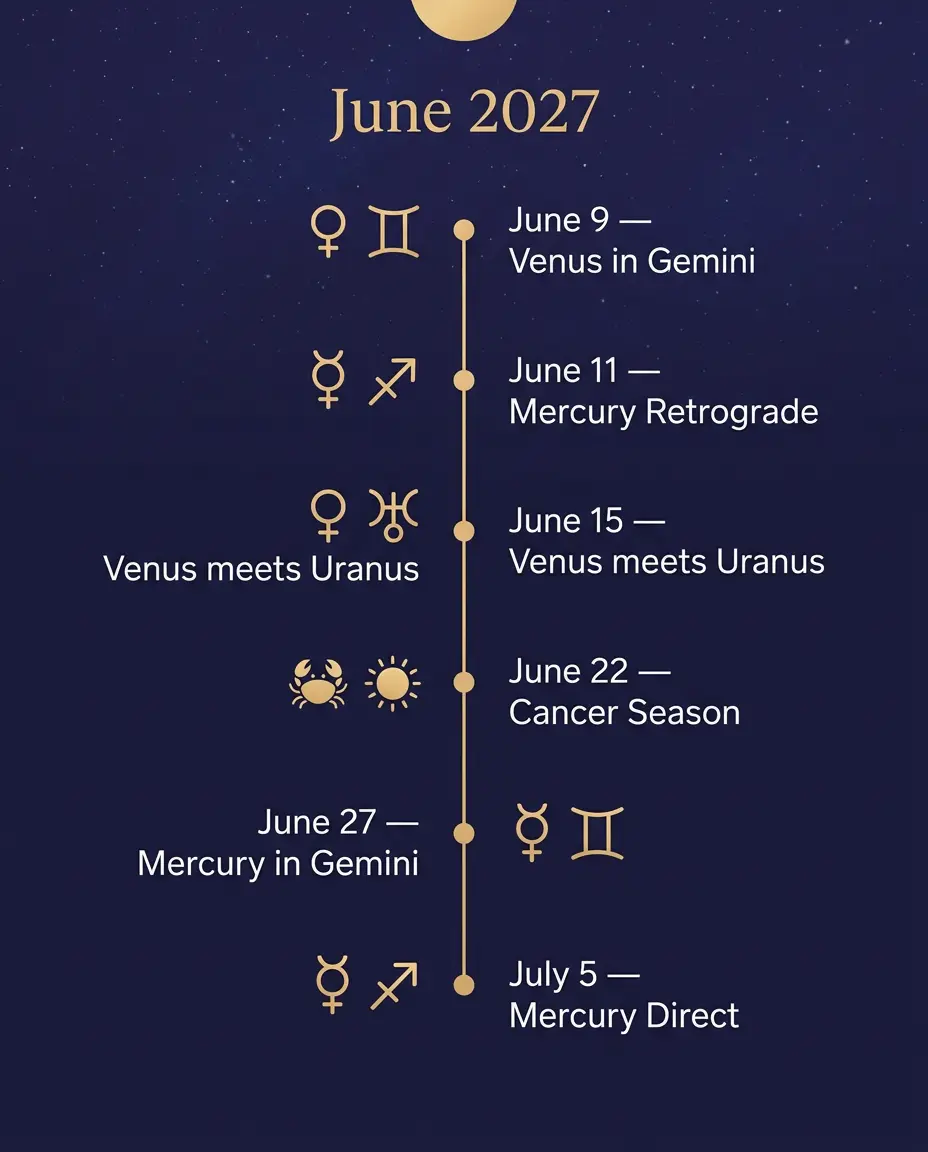 Infografika astrologického kalendáře na červen 2027 s označením Venuše v Blížencích, retrográdního Merkuru, období Raka a klíčových tranzitních dat.