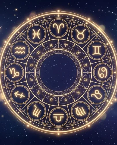 2027년 6월 운세를 위해 깊고 별이 총총한 6월 밤하늘 위에 12개의 별자리가 모두 그려진 빛나는 천체 황도대 바퀴가 그려져 있습니다.