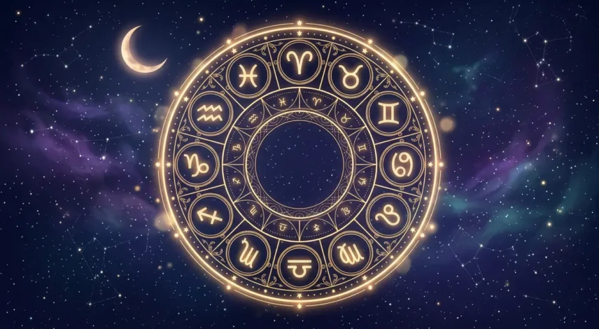 horoskop-zvěrokruh-kolo-noční-obloha-červen-2027 Zářící nebeské kolo zvěrokruhu se všemi dvanácti astrologickými znameními nad hlubokou hvězdnou červnovou noční oblohou pro horoskop na červen 2027.