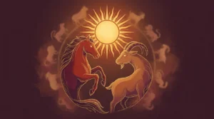 Illustrated Fire Goat encircled by the twelve Chinese zodiac animals in a Tibetan mandala for the June 2027 horoscope