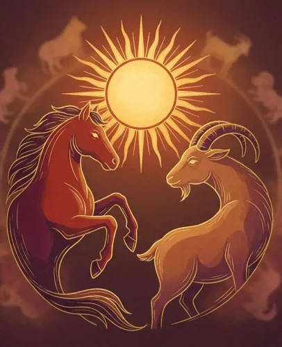 Illustrated Fire Goat encircled by the twelve Chinese zodiac animals in a Tibetan mandala for the June 2027 horoscope